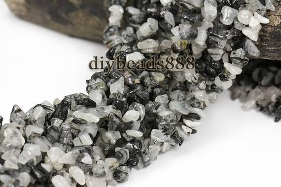 35 Inch Strand Of Black Rutilated Quartz Chip Beads,irregular Beads 5-8mm