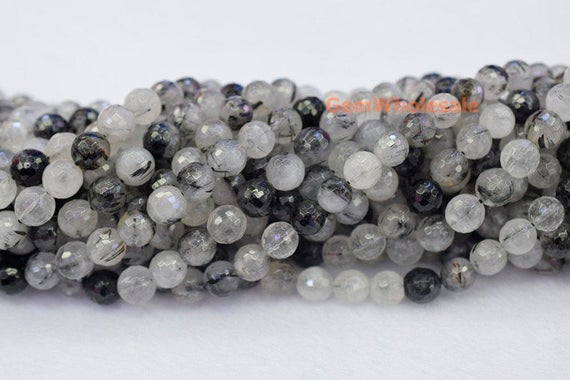 15.5" Natural Black Rutilated Quartz 8mm Round Faceted Beads,black White Color Semi-precious Stone, Gemstone Wholesale,natural Crystal Beads
