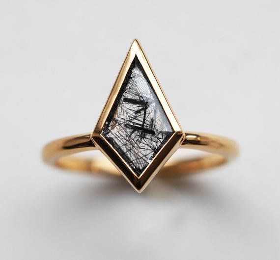 Kite Ring, Rutilated Quartz Ring, Kite Shaped Engagement Ring, Black Gemstone Ring, Geometric Solitaire
