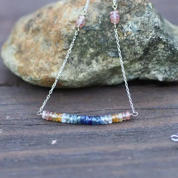 Natural Rainbow Sapphire Necklace Solid 14k White Gold ,  September Birthstone , 5th 45th Anniversary , Clearance