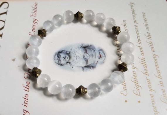 Vintage Selenite Raw  Gypsum Unisex Bracelet Genuine Untreated - Brass ~ Therapeutic Quality Gemstone Energy Bracelet For Healing 8mm
