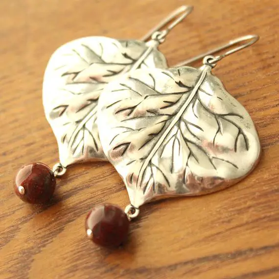 Silver Leaf Earrings With Tiger Iron Beads - Surgical Steel Earwires