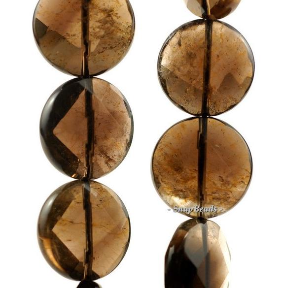 18mm Smoky Quartz Gemstone Faceted Flat Round Loose Beads 7 Inch Half Strand (90144142-b21-536)