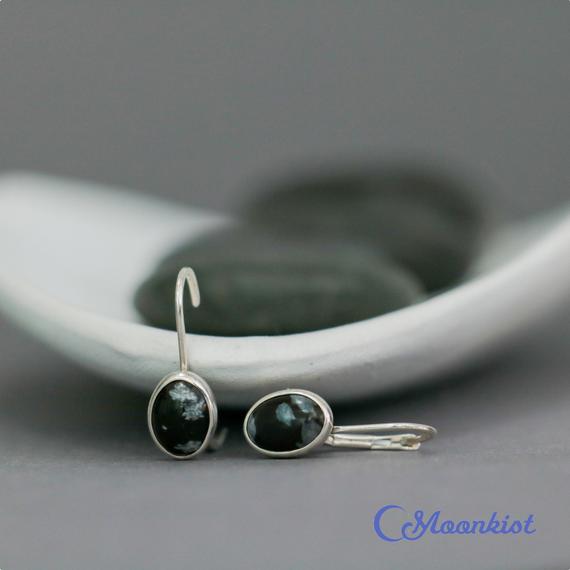Snowflake Obsidian Earrings, Sterling Silver Gemstone Leverback Earrings, Simple Oval Earrings | Moonkist Creations
