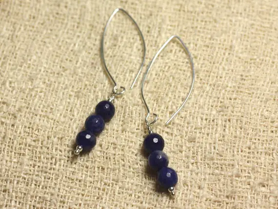 Boucles Oreilles Argent 925 Crochets 40mm - Sodalite Facettée 6mm