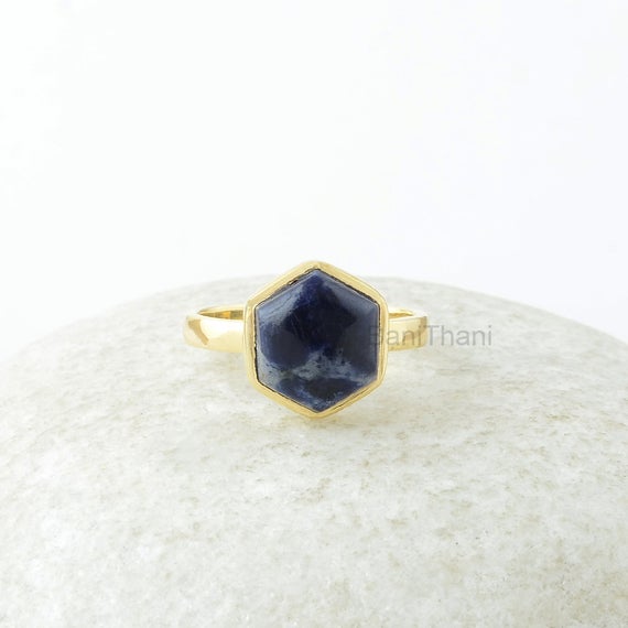 Sodalite Ring, Sodalite Gemstone 10mm Hexagon Sterling Silver Ring, Gemstone Ring, 18k Gold Plated Ring, Jewelry Gift For Women