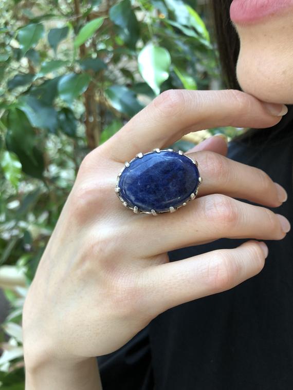 Large Sodalite Ring, Sodalite Ring, Natural Sodalite, Blue Oval Ring, Chunky Ring, Blue Statement Ring, Blue Stone Ring, Solid Silver Ring