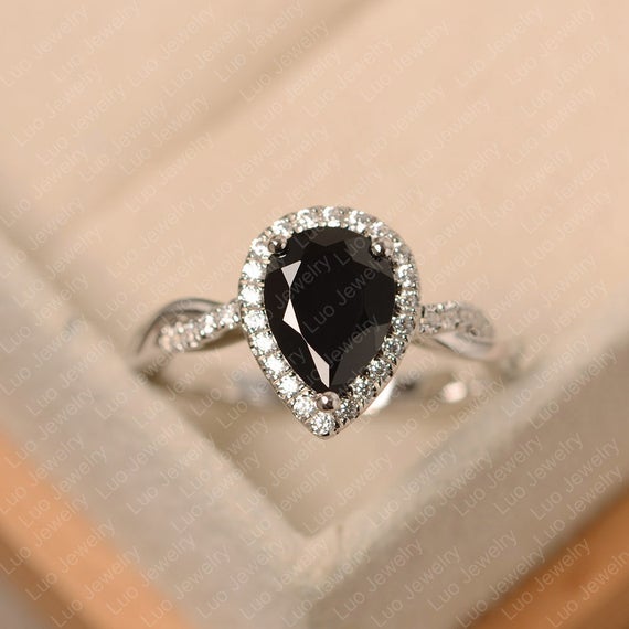 Natural Black Spinel Ring, Pear Cut Twist Ring, Sterling Silver Engagement Ring For Women