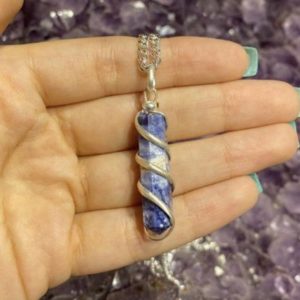 Shop Sodalite Jewelry! Spiral Wire Wrapped Sodalite Necklace w/ Silver Plated Chain, Sodalite Pendant, Spiral Wrap Jewelry, Throat Chakra Necklace, Communication | Natural genuine Sodalite jewelry. Buy crystal jewelry, handmade handcrafted artisan jewelry for women.  Unique handmade gift ideas. #jewelry #beadedjewelry #beadedjewelry #gift #shopping #handmadejewelry #fashion #style #product #jewelry #affiliate #ad