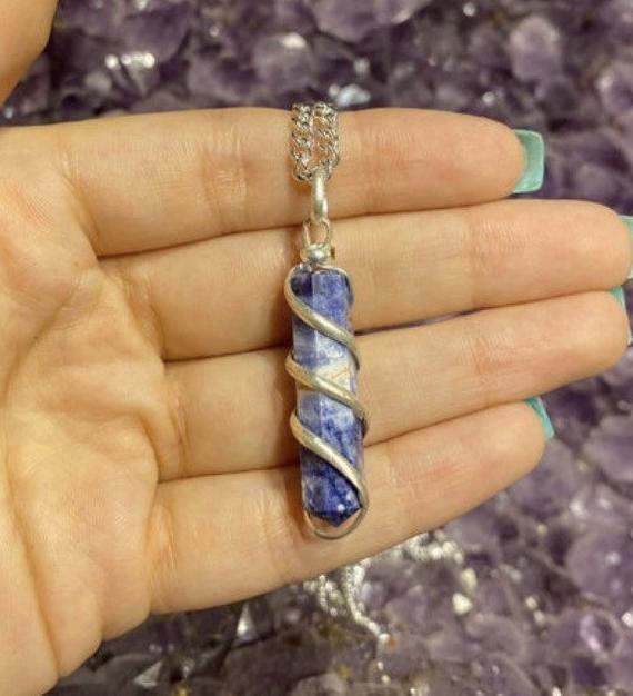 Spiral Wire Wrapped Sodalite Necklace, Sodalite Pendant, Spiral Wrap Jewelry, Throat Chakra Necklace, Communication, Calmness, Peace
