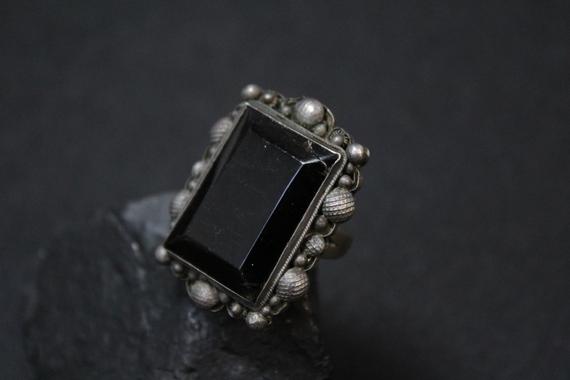Sterling Silver Chinese Obsidian Ring, Sterling Obsidian Jewelry, Chinese Sterling Jewelry, Big Obsidian Ring, Antique Chinese Jewelry