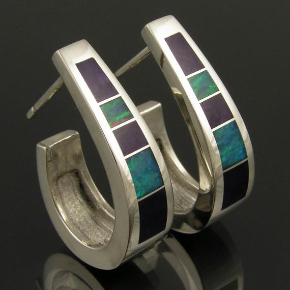 Sterling Silver Earrings Inlaid With Sugilite And Australian Opal By Mark Hileman.