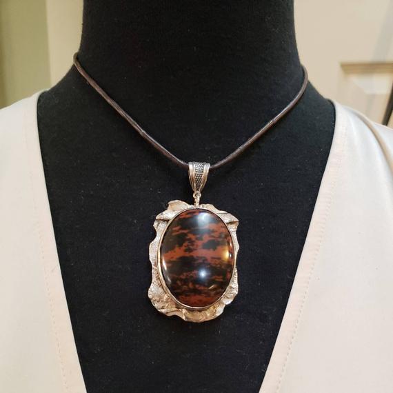 Brutalist Mahogany Obsidian Sterling Silver Necklace, Handcrafted Setting, 38x28mm Oval, 16" Brown Leather Cord With Sterling Clasp