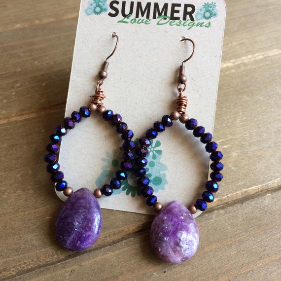 Sugilite Earrings Gemstone Dangle Boho Earrings Natural Stone Earrings Wire Purple Handmade Copper Earring Unique Jewelry Earrings For Women
