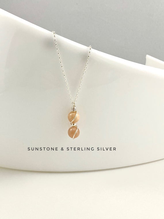 Sunstone Necklace, Tiny Pendant, Sterling Silver, Crystal Necklace
