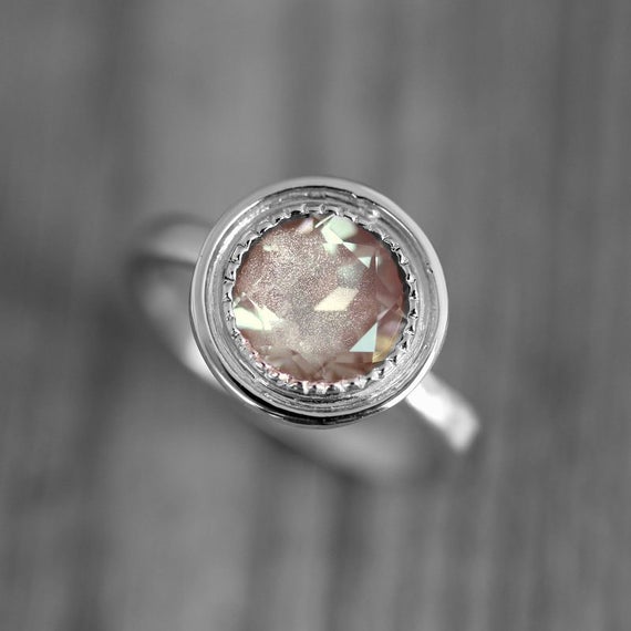 14k Palladium White Gold And Oregon Sunstone Halo Ring, Vintage Inspired Engagement Ring With Milgrain Detail, Made To Order