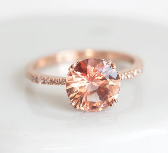 Oregon Sunstone Ring, Peach Champagne Sunstone Engagement Ring In 14k Or 18k Solid Gold, Diamond Sunstone Ring