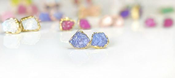 Raw Tanzanite Earrings, Tanzanite Stud Earrings, December Birthstone Earrings, Raw Gemstone Earrings, Purple Crystal Earrings, Boho Earrings