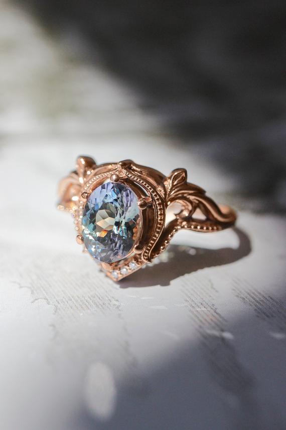 Tanzanite Engagement Ring, Art Nouveau Ring, Stacking Ring, Rose Gold Ring For Woman, Unique Engagement, Nature Inspired Ring, Oval Ring