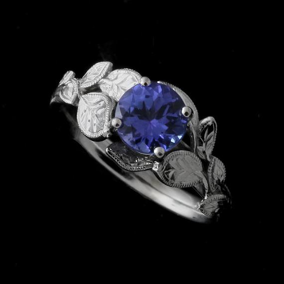 Tanzanite Engagement Ring, Nature Inspired Ring, Leaf Engagement Ring, Solitaire Organic Style Ring, Gold Platinum Leaves Color Stone Ring