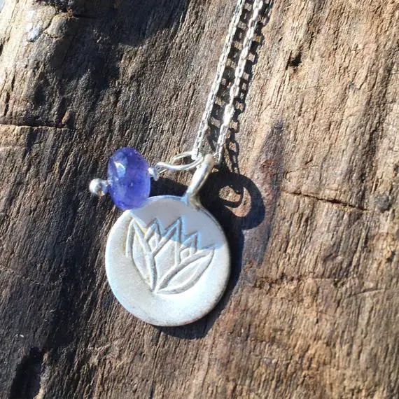Lotus Flower And Tanzanite Pendant Necklace/ Sterling Silver/ Handmade/ Lotus Flower/ Charm/ Tanzanite/ Gemstone/ Yoga/ Pendant/ Necklace