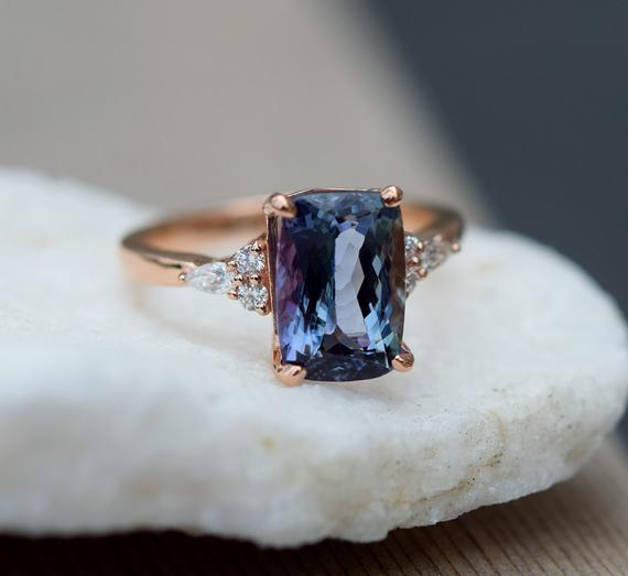 Teal Tanzanite Engagement Ring. Peacock Blue Tanzanite 5.03ct Cushion Diamond Ring 14k Rose Gold. Campari Engagement Ring By Eidelprecious.