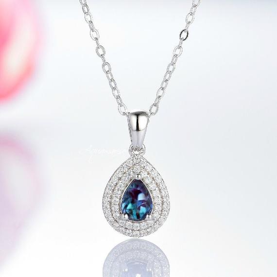 Teardrop Alexandrite Necklace- Sterling Silver Teal & Purple Gemstone Double Halo Teardrop Necklace June Birthstone Anniversary Gift For Her