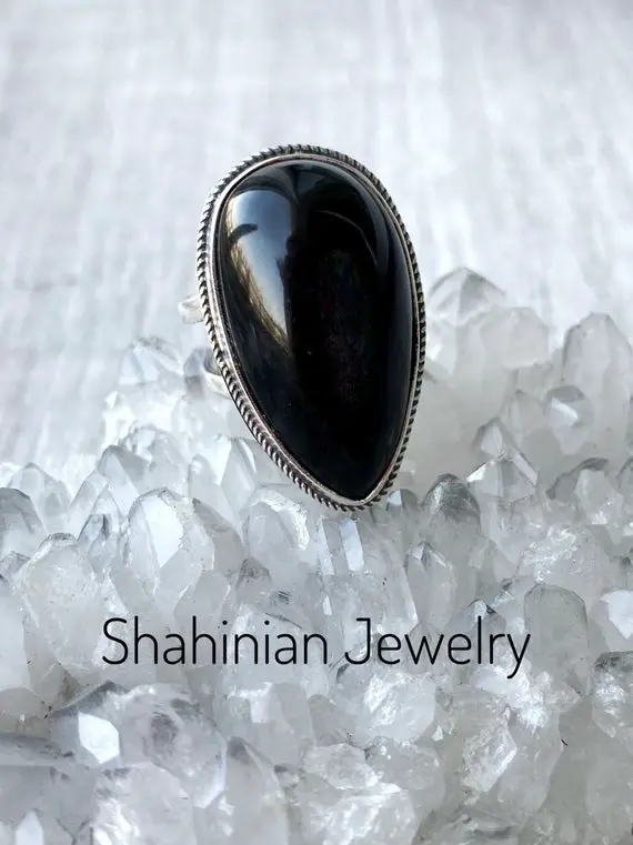 Teardrop Black Obsidian Ring Silver 925 Natural Black Gemstone Adjustable Ring For Women Armenian Jewelry Protection Ring Gift For Mother