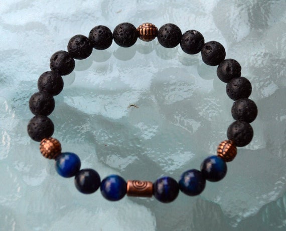 Black Basalt Lava Stone Blue Tigers Eye Wrist Mala Beads Bracelet - Grounding, Fertility, Calming, Energizing, Stability, Increase Libido,