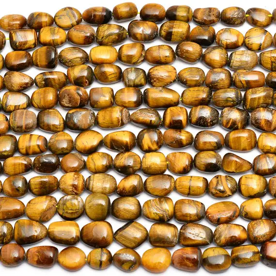 Yellow Tiger Eye Nuggets Beads | 10x13mm-12x15mm Oval Beads 13inch Strand| Natural Rare Yellow Tiger Eye Semiprecious Gemstone Tumbled Beads