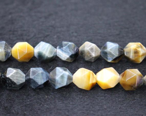 Natural Faceted Blue Golden Tiger's Eye Beads,blue Golden Tiger's Eye Beads,6mm 8mm 10mm Star Cut Faceted Beads,one Strand 15"