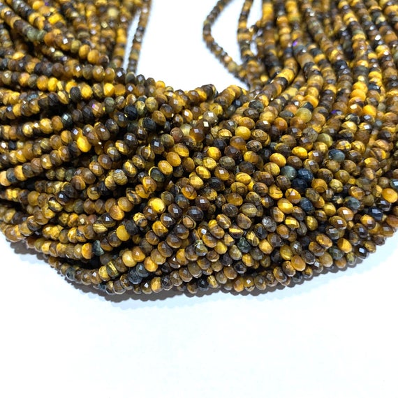 Tiny Yellow Tiger Eye Rondelle Beads Micro Faceted 3x2mm 4x3mm Natural Yellow Gemstone Genuine Small Tiger Eye Spacer Beads Brown Spacers