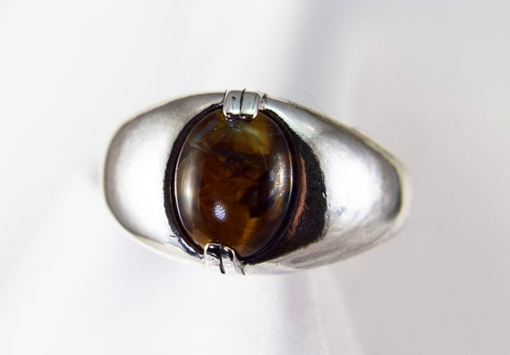 Tiger Eye Ring, Genuine Gemstone,10x8mm Oval Cabochon, Set In 925 Sterling Silver Ring