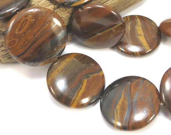 Tiger Iron Beads, 30mm Flat Round Beads, Two (2) Natural Tiger Iron Beads, Brown Gemstone Beads, Item 886gss