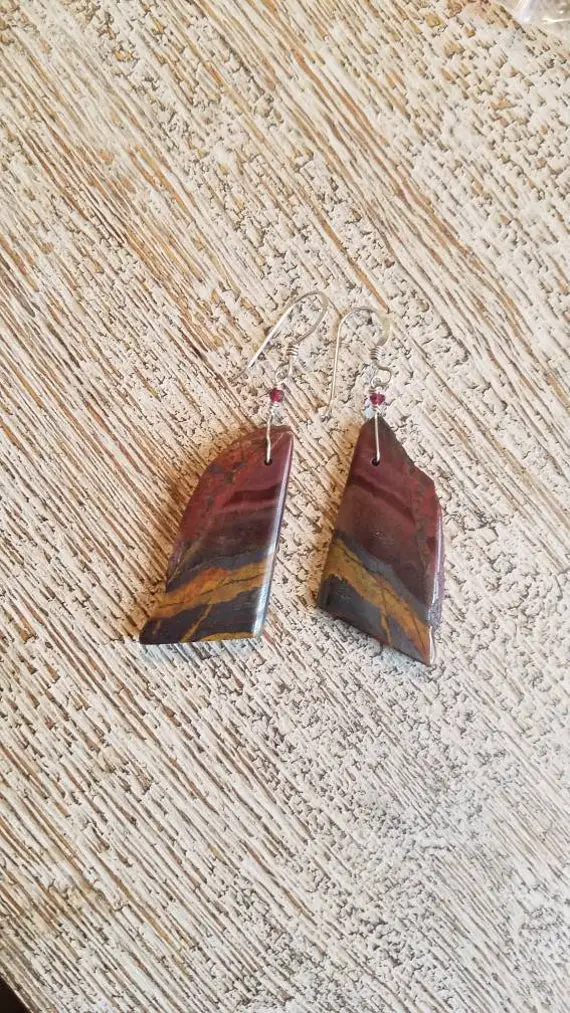 Tiger Iron Earrings. Nugget Tiger's Eye - Faceted Rhodolite Garnet Accent, S.s.  Natural Gemstones. Organic Boho Style- Earth Tones-