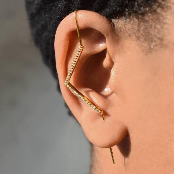 White Topaz Ear Cuff-gold Ear Climber-pave Earrings-white Topaz Earrings-modern Earrings-gemstone Geometric Earrings-ear Pin-topaz Cuff