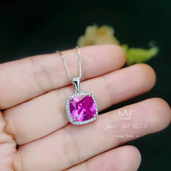 6ct Fuchsia Pink Sapphire Necklace - Large Square Sterling Silver White Gold Plated - Pink Sapphire Jewelry #462