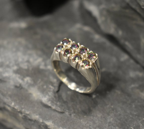 Mystic Topaz Ring, Natural Mystic Topaz, December Baby Ring, Double Band Ring, Mystic Topaz Wide Band, Unique Silver Ring, Bands By Adina