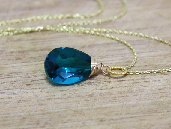 Lab Made Paraiba Teal Tourmaline Pendant 14k Yellow Gold Filled , October Birthstone , Wire Wrapped