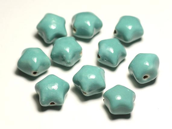 6pc - Perles Céramique Porcelaine Etoiles 16mm Vert Clair Turquoise Pastel - 8741140017375