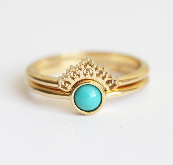 Round Turquoise Ring Solitaire With Yellow Gold Lace Band, 14k 18k Turquoise Ring Set
