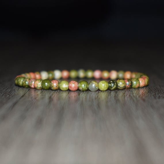 4mm Unakite Bracelet, Heart Chakra Bracelet, Beaded Bracelet For Women And Men, Yoga Bracelet, Wrist Mala, Stretch Bracelet