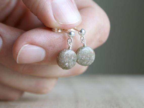 Round Stone Studs Earrings Dangle . Unakite Earrings . Natural Gemstone Stud Earrings In Sterling Silver