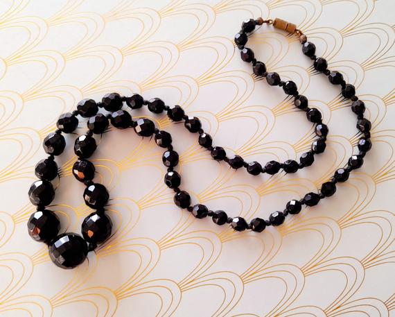 Vintage French Art Deco Beaded Necklace, Retro Celluloid Jewelry, Whitby Jet Beaded Necklace, Bakelite Jewellery, Sparkly Black Deco Jewelry