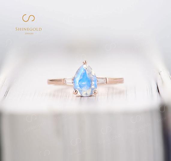 Vintage Moonstone Engagement Ring, Rose Gold Art Deco Ring, Diamond Wedding Ring, Prong Set Bridal Ring, Unique Moissanite Promise Ring