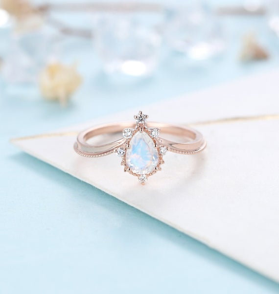 Vintage Moonstone Engagement Ring Rose Gold Ring Pear Shaped Bridal Milgrain Ring Art Deco Moissanite Diamond Wedding Ring Anniversary Ring