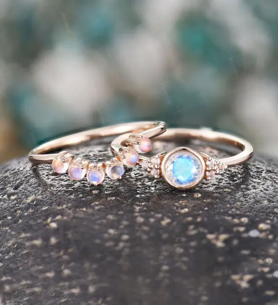 Vintage Moonstone Engagement Ring Set Art Deco Moonstone Curved Wedding Rings Bezel Set Rose Gold Topaz Rings Anniversary Bridal Set