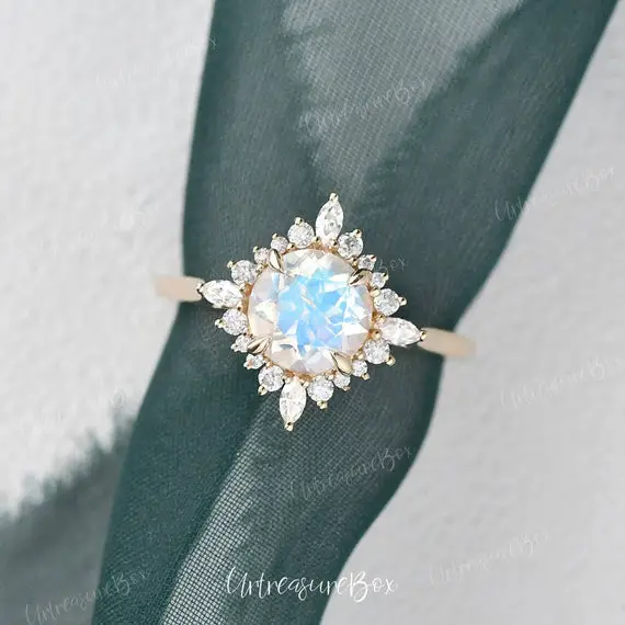 Moonstone Engagement Ring Vintage Yellow Gold Moonstone Wedding Ring Faceted Moonstone Blue Unique Halo Flower Cathedral Promise Ring