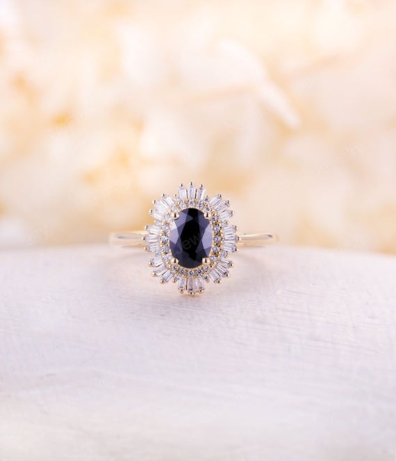 Vintage Black Onyx Engagement Ring Art Deco Oval Shaped Yellow Gold Ring Diamond Double Halo Antique Wedding Bridal Ring Anniversary Promise