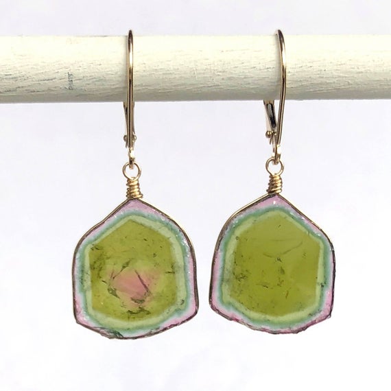 Watermelon Tourmaline Earrings, Brazil Tourmaline Slice Earrings - 14k Solid Gold, Aaa, Large And Rare  Collectors Specimens